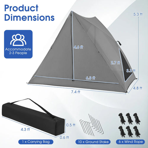 Pop-up Camping Tent for 2-3 People w/ Carry Bag & Rainfly for Backpacking Hiking